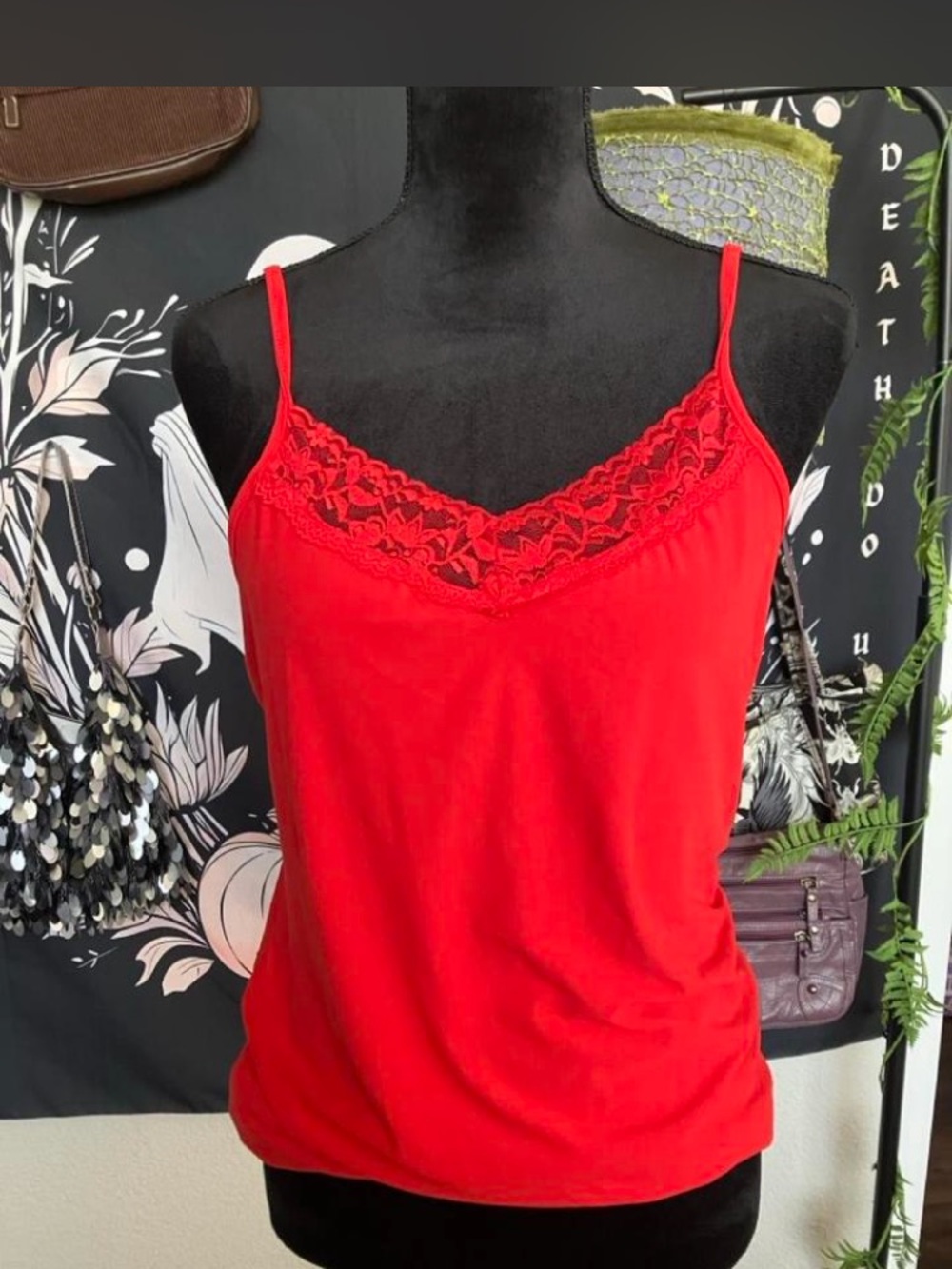 Red Lace Trim Cami Tank Top - Women